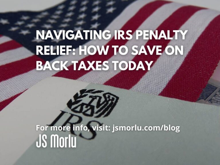 A close-up image of an IRS paper document resting on a background of the United States flag - IRS