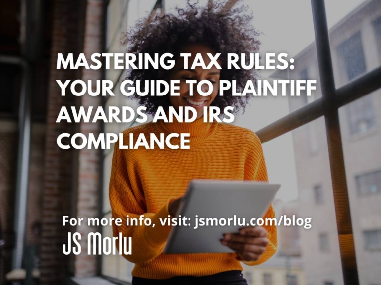 Professional woman smiling while standing and utilizing a digital tablet in a modern office environment - Tax Rules/Plaintiff Awards